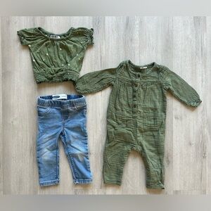 Baby Girl Fall Outfits - 12-18 Months - Green and Denim Jeans